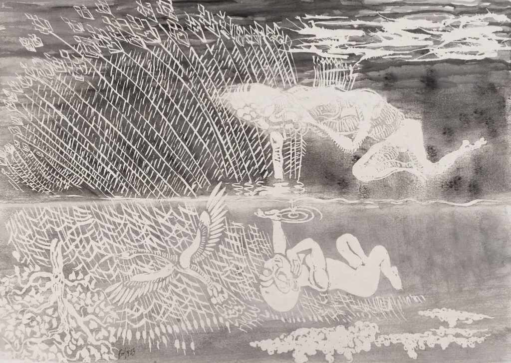 Dans le miroir du lac, un rêveur se regardait rire avec eux devant la pluie rose, qui rebondissait sur le fil de l’eau. Il vit les conquérants de sa race brutaliser les petits. Il vit les larmes couler sur les petites joues de pêche, mais aussi sur sa propre peau, avant de tomber lourdement dans l’eau cristalline.